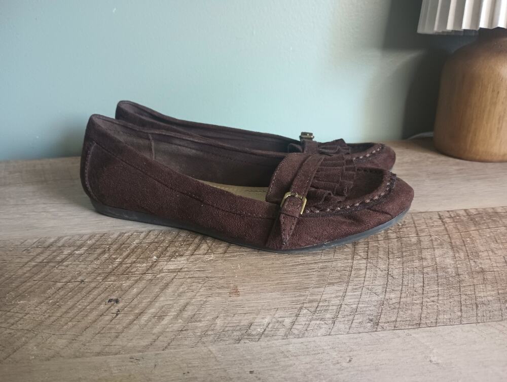 Vtg American Eagle Payless Y2K Kiltie Moccasin Ballet Flats 8 Brown Academia